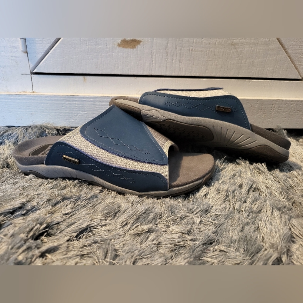Propet Womens Slides Open Toe Slip On Sandal Comfort Leather Shoe Blue/Gray sz 8
